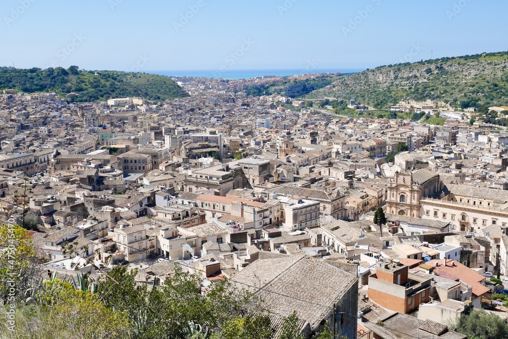 Aerial view of Baroque town Scicli, Sicily, Italy.