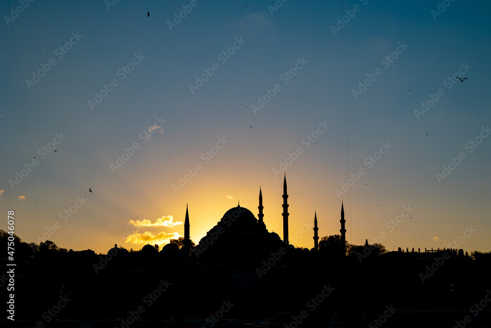 Ramadan background photo. Silhouette of Suleymaniye Mosque at sunset