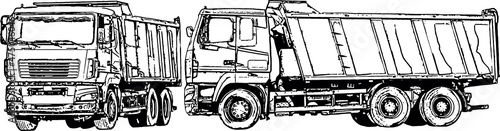 Black and white vector images of dump trucks