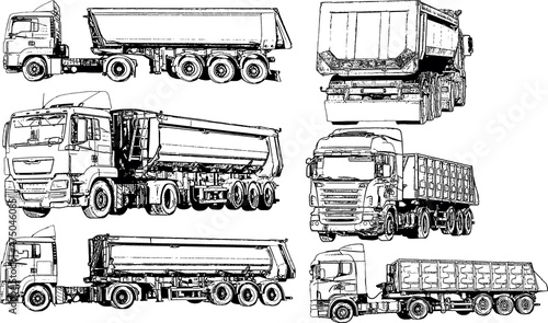 A selection of black and white vector images of trucks with a long trailer