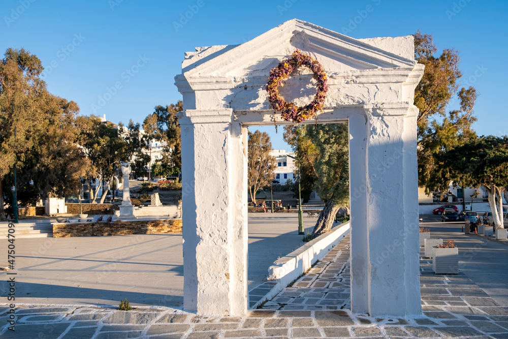 Ios, Nios island, Cyclades, Greece.  Entrance gate to Evangelismos Cathedral church, Chora.