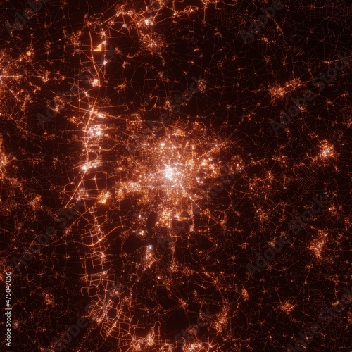 Leipzig city lights map, top view from space. Aerial view on night street lights. Global networking, cyberspace