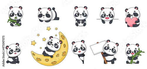 Set of cute pandas. Love, asleep, chews, sits, holds a sign, looks out. Vector for design, banners, children's books and patterns © EnyaLis