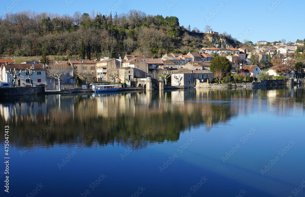 mirror reflection of a small village  and forest in the river