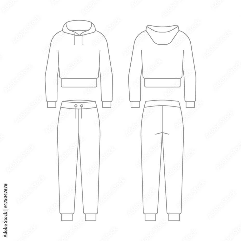 Tracksuit from pants joggers and sweatshirt with hood outline template.  Unisex sportswear. Regular sport sweater and sport trousers for man and  woman. Technical mockup in front and back view. Vector Stock-Vektorgrafik