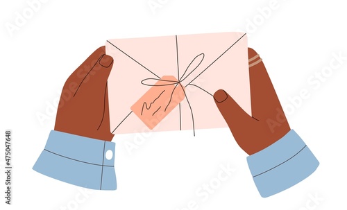 Paper envelope with label in hands of black person. Human hold letter and gift certificate tied with string. Handwritten correspondence. Flat vector illustration of mail isolated on white background