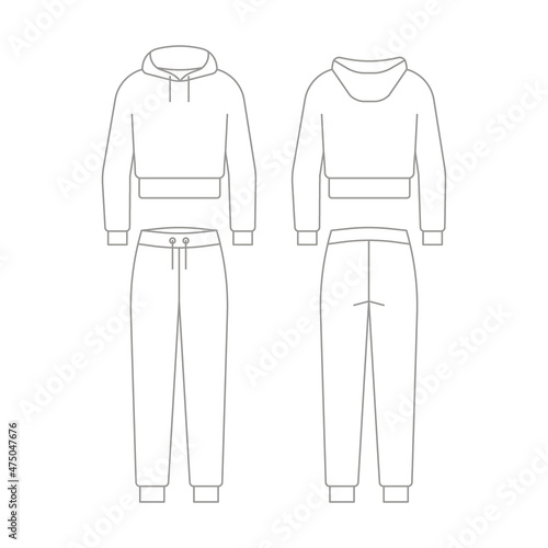 Tracksuit from pants joggers and sweatshirt with hood outline template. Unisex sportswear. Regular sport sweater and sport trousers for man and woman. Technical mockup in front and back view. Vector photo