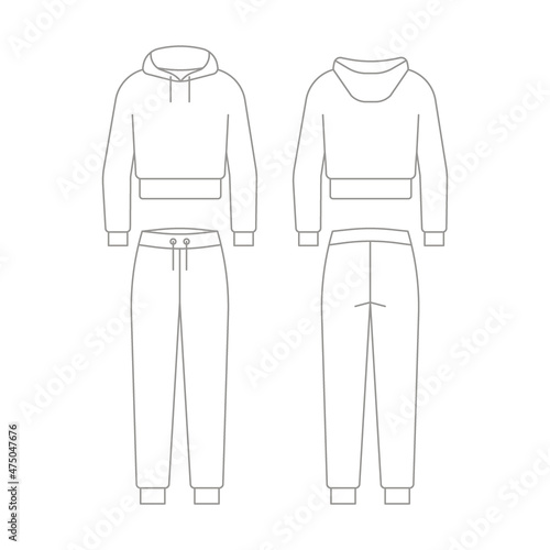 Tracksuit from pants joggers and sweatshirt with hood outline template. Unisex sportswear. Regular sport sweater and sport trousers for man and woman. Technical mockup in front and back view. Vector