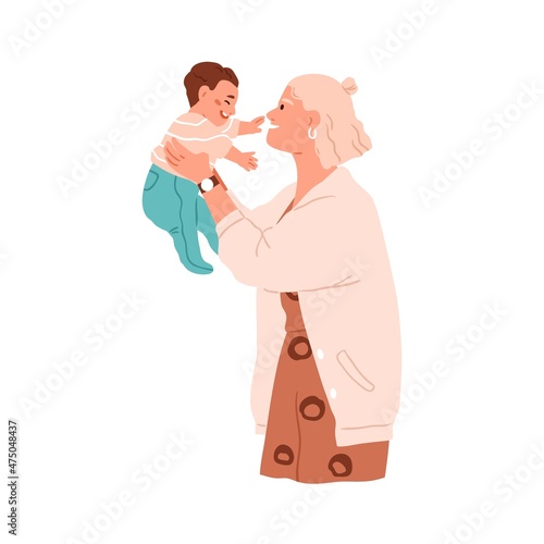 Happy mother playing with baby. Mom having fun with little child. Woman paren...