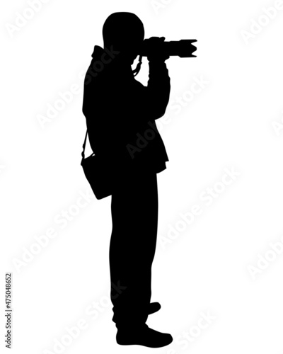 Photograph and photo camera on street. Isolated silhouettes of people on white background