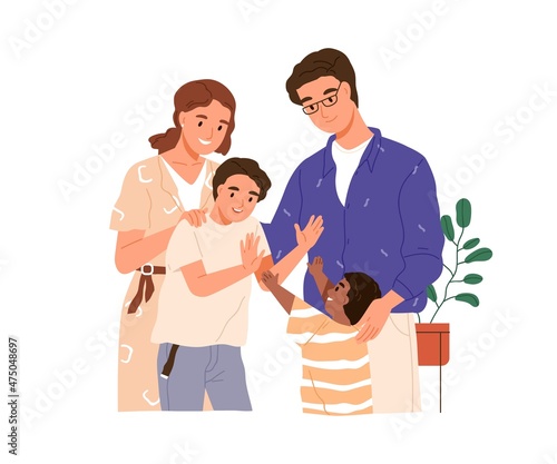 Foster family with adopted African child. Adoptive parents with kids. Happy international mother, father and sons. Adoption concept. Flat graphic vector illustration isolated on white background