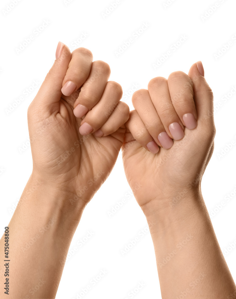 Female hands with gentle manicure on white background Female hands with gentle manicure on white background