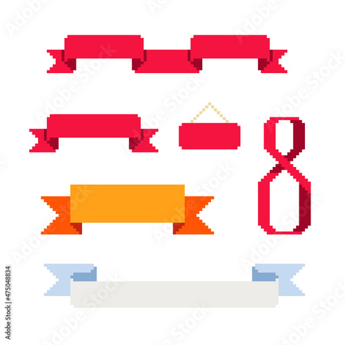 Ribbons set. Pixel art style banners. New Year's design of greeting card and invitation. Isolated vector illustration.