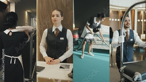 Split screen shot of four male and female hospitality employees. Female receptionist, female housekeepers and male porter working in upscale hotel photo