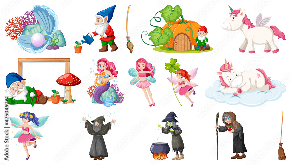 Fototapeta premium Set of fantasy fairy tale characters and elements