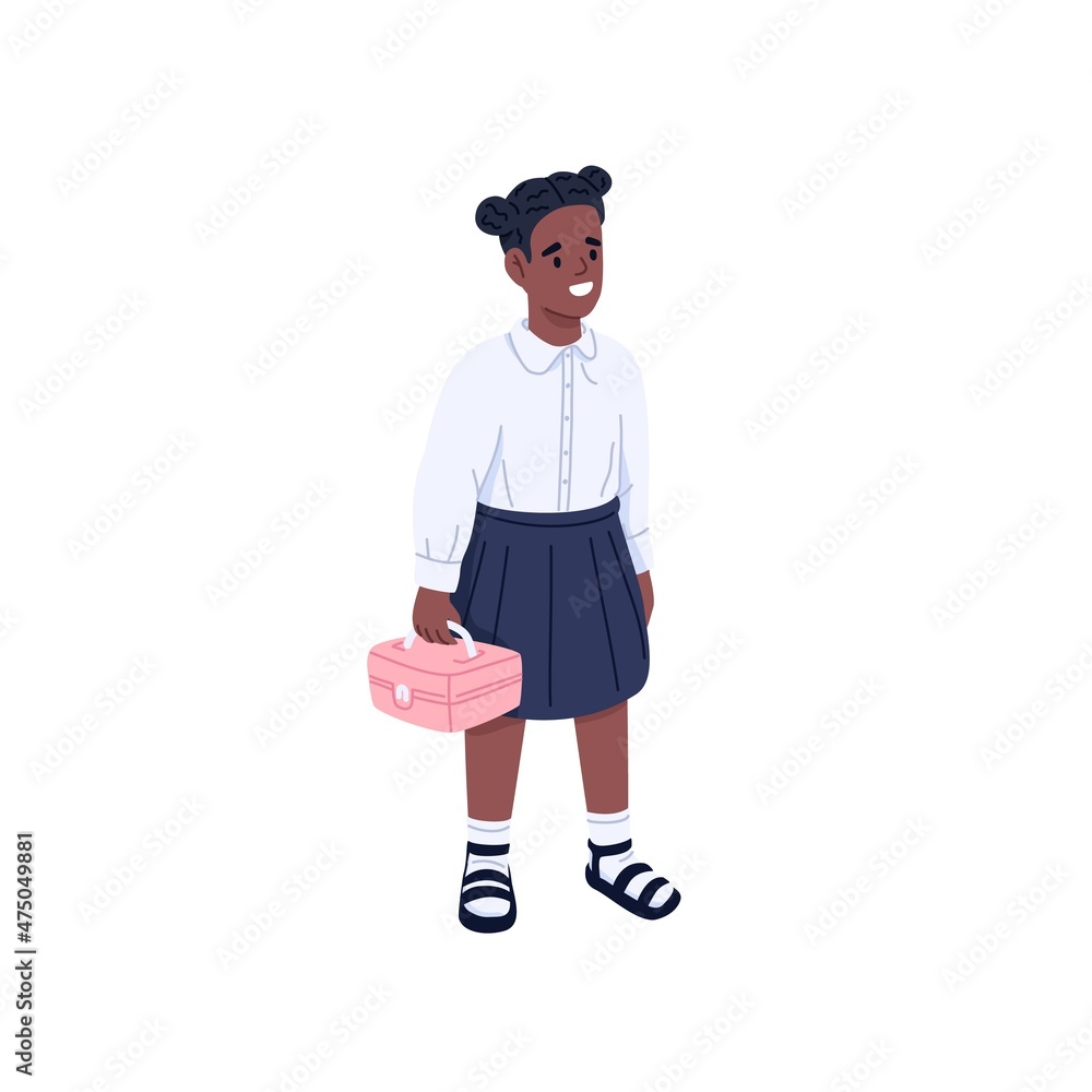 Happy school girl. Junior schoolkid portrait. Excited elementary schoolgirl, first grader. Black child pupil stand in uniform. Primary student. Flat vector illustration isolated on white background Happy school girl. Junior schoolkid portrait. Excited elementary schoolgirl, first grader. Black child pupil stand in uniform. Primary student. Flat vector illustration isolated on white background