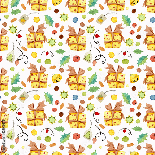 Watercolor seamless pattern with Christmas elements. Hand drawn illustration for wrapping paper  textile  decorations.