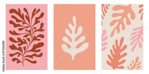 Vector set of abstract floral backgrounds with copy space for text. Banners and templates with leaves and plants for posters, packaging, cover designs, social media stories 