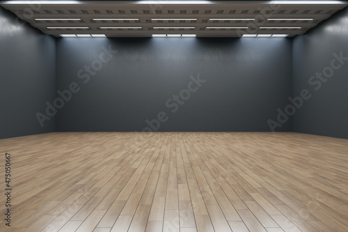 Clean empty dark black wall gallery interior with mock up place and reflections on wooden parquet flooring. Art, no people, museum and exhibition concept. 3D Rendering. © Who is Danny