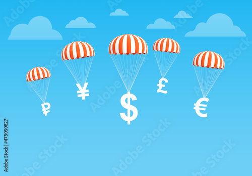 Currencies on parachutes. Support of national currencies. Economies rescue. Choosing the currency to invest in. Dollar, pound, ruble, yen, Euro. Symbols of money on the sky background. 3d image