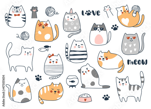 Cute cat collection. Hand drawn vector illustration.