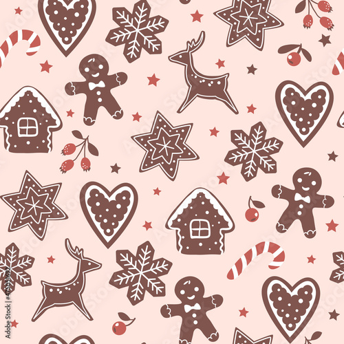 Christmas baking seamless pattern with Gingerbread man, cute houses, and sweet cookies. Perfect for wrapping paper and scrapbook craft.