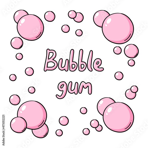Chewing gum vector text illustration. Funny pink lettering bubble gum on white, pink letters, candy funny lettering in bubbles
