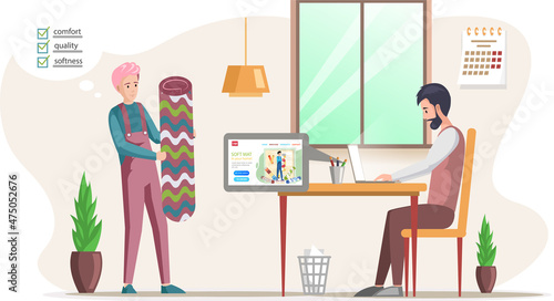 Man orders carpet in an online store, buys an interior element rug or soft mat, works with computer and internet. Guy equips apartment, selects design for room, flooring. Floor mat, carpeting service