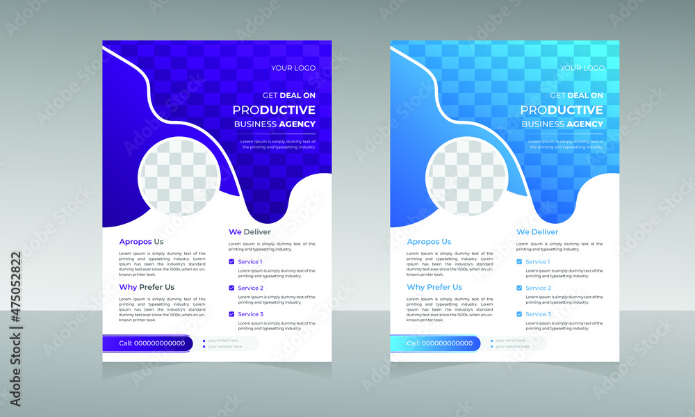Blue flyer template in A4 size. A4 Corporate and Modern flyers design. Annual report, Brochure, poster layout design. Best flyer for Agency with white background.