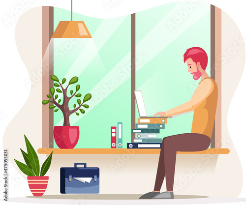 Bearded man, working person sitting at table in room and correspondence surfing Internet. Male character communicating through network on laptop. Freelance, work from home and home office concept