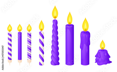 Purple wax candles with flame, twisted and striped. Vector cartoon set of paraffin candles with fire and wax drips in different stages of burn. Festive decoration for holidays, birthday cake