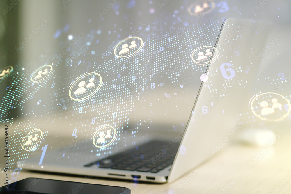 Double exposure of social network icons concept with world map and computer on background. Networking concept Double exposure of social network icons concept with world map and computer on background. Networking concept