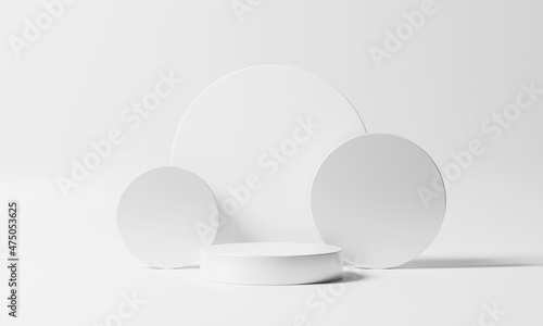Clean white podium pedestal with circle shape geometric composition. Luxury beauty product display mockup. 3d render stage on white background scene. © hitdelight
