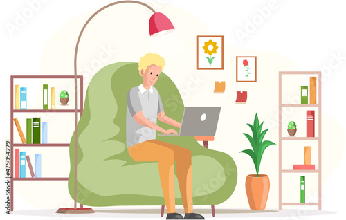 Man, working person sitting in room and correspondence surfing Internet. Male character communicating through network on laptop. Freelance, work from home and home office concept. Working people