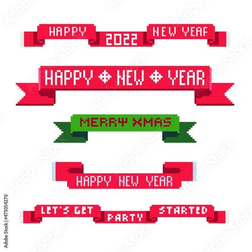 Xmas knitting ribbons with happy new year lettering. Pixel art style banners. New Year's design of greeting card. Isolated vector illustration.
