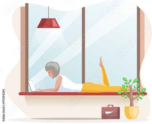 Young woman freelancer working or studying at laptop lying on windowsill. Remote worker, student near window in living room. Job freelance, student at online learning flat vector illustration