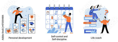Personal growth, self development concept. Self control and discipline, life coach abstract icon set. Metaphor growth personality as success stairs. Tiny people that self-improvement, self development