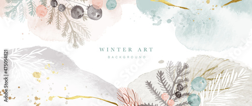 Winter background vector. Hand painted watercolor and gold brush texture, Flower and botanical leaves hand drawing. Abstract art design for wallpaper, wall arts, cover, wedding and invite card.