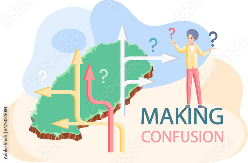 Making confusion. Doubts person surrounded by question marks. Questions dilemma situations. Asking questions. Confused people. Making choice. Being confused. Thinking or make decision. Solving problem