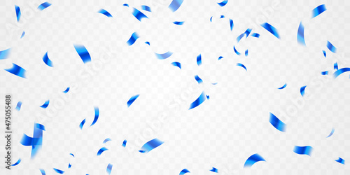 Template for celebration background with confetti and blue ribbon.