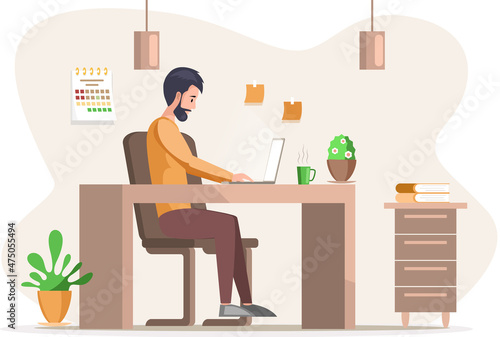 Bearded man, working person sitting at table in room and correspondence surfing Internet. Male character communicating through network on laptop. Freelance, work from home and home office concept