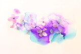 Creative image of pastel violet and pink Hydrangea flowers on artistic ink background. Top view with copy space