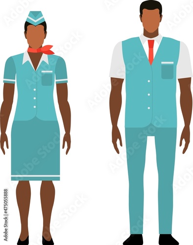 Aircraft or cabin crew with steward and stewardess. Flat vector illustration of African American flight attendants and copilots.  