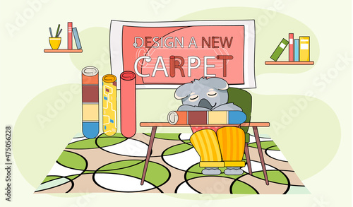 Design a new carpet. Cartoon character sitting asleep at table in childrens room with different rugs. Concept of choosing new carpet. Animal equips apartment, selects design for room and flooring