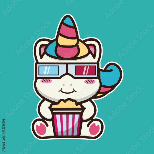 vector illustration of cute unicorn 
watching movies,
suitable for children's books, birthday cards, valentine's day