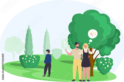 Pensive couple walking down street, people ponder, looking for answer to question. Cartoon confused characters. Frustrated man and woman making decision. Vulnerable person in doubt making confusion