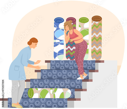 Concept of choosing fabric. Women thought about rug, stands near rolled carpets at home in living room. Girl equips apartment, selects design for room, thinking about flooring. Floor mat for stairs