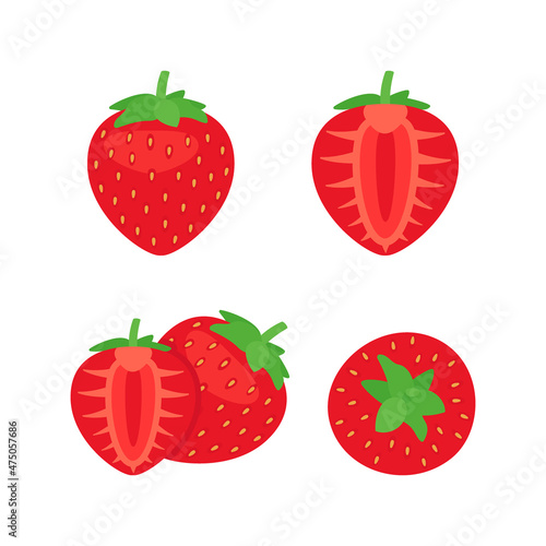 Strawberry full, half and cut food, side and top view. Red berry with vitamins. Summer harvest. Healthy and tasty food. Vector illusdtration