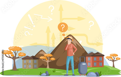Making confusion choice of path. Man thought about solution to problem choose options person concept. Career, life and question decision. Traveler with bag stands at crossroads thinking where to go