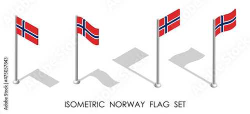 isometric flag of NORWAY in static position and in motion on flagpole. 3d vector
